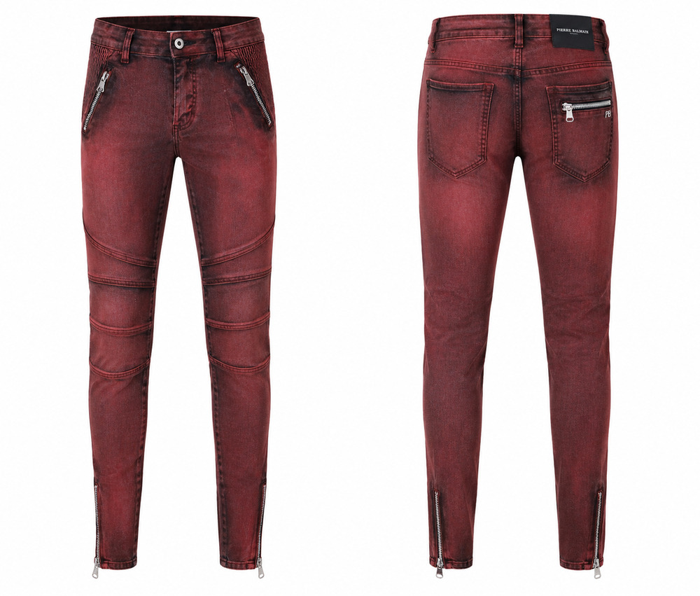 Authentic Pierre Balmain Biker Jeans Men's 32 IT46 Burgundy Moto RiRi Zip